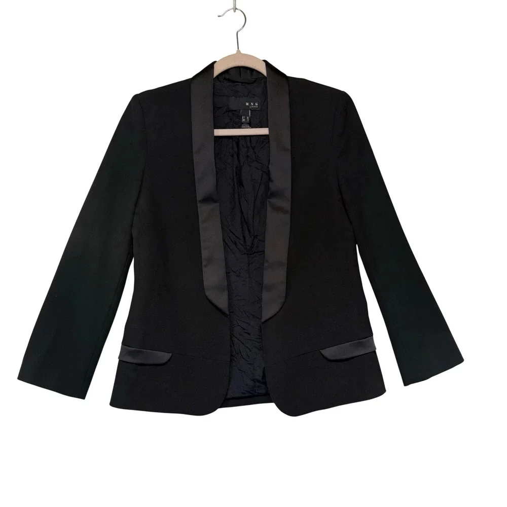 MNG by Mango Womens Black Tuxedo Blazer Satin Shawl Lapel Open Front Jacket Sz 6